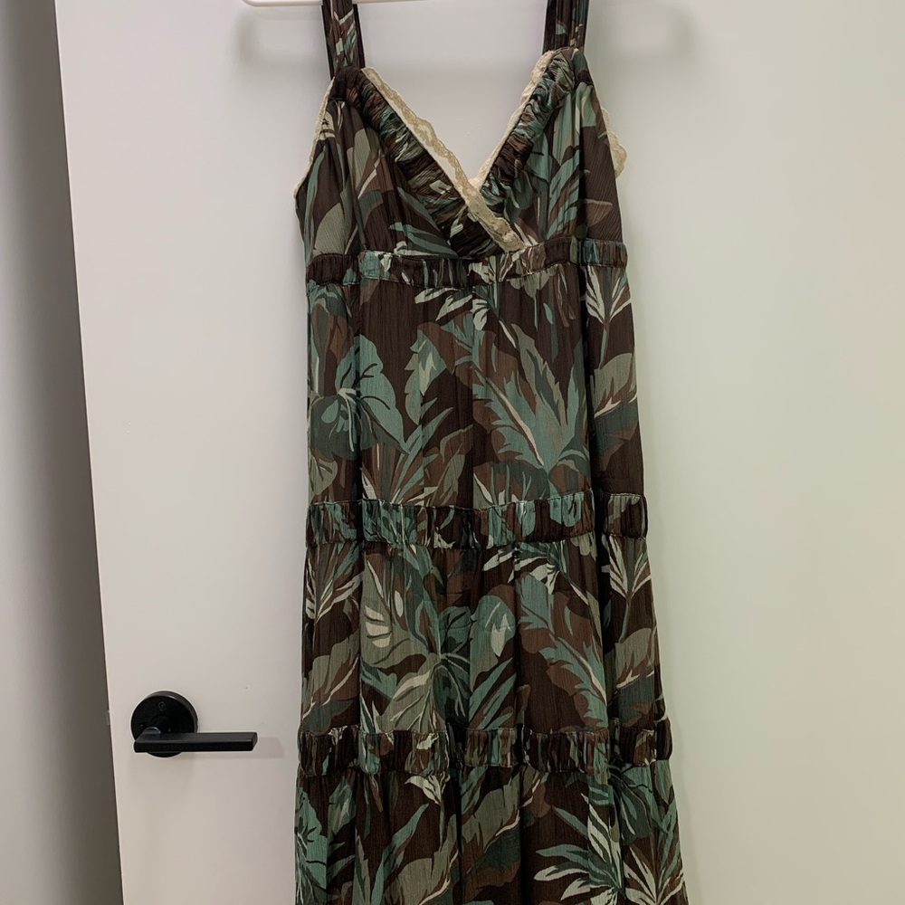 Michael Kors Green and Brown Leaf Midi Dress, size S, 100% silk